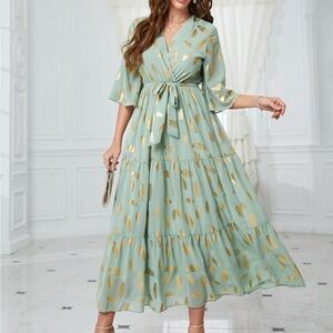 SHEIN Sage Green Gold Foil Midi Dress XL